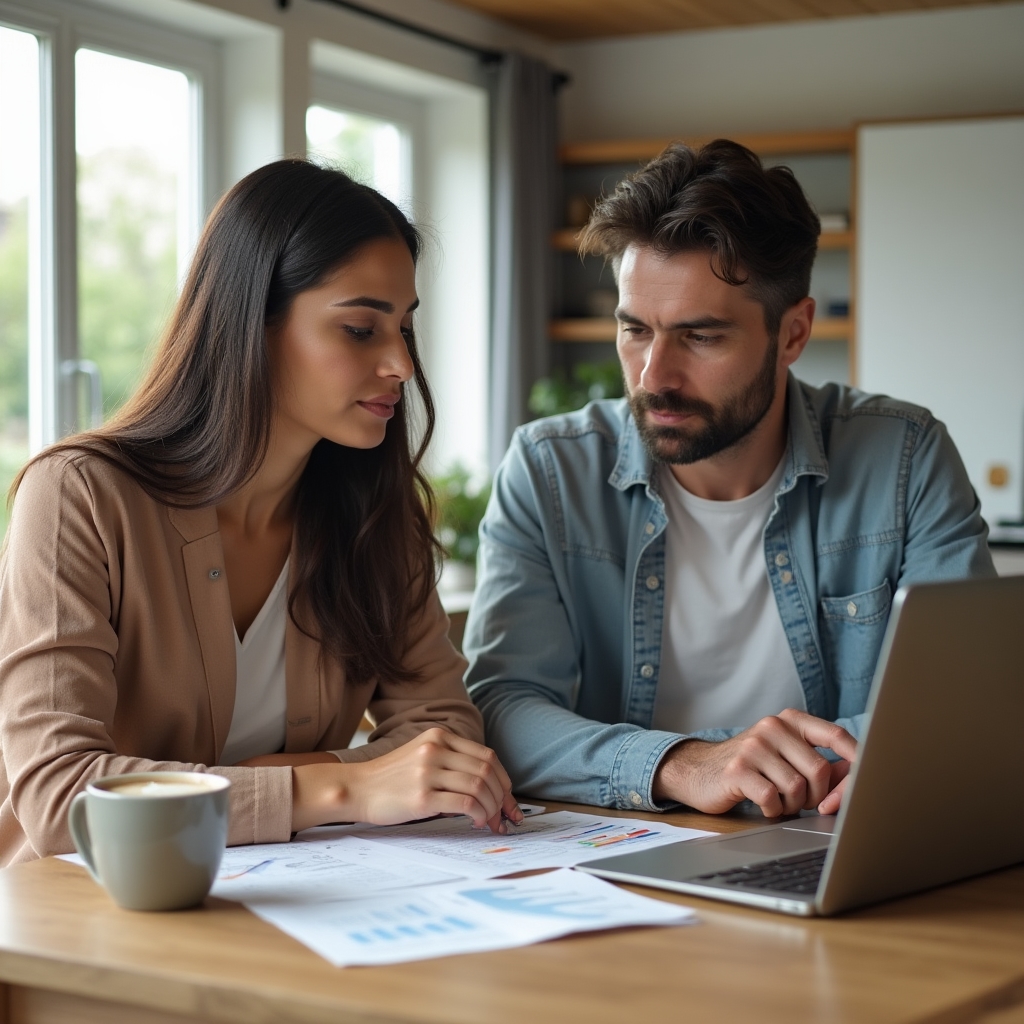 Family reviewing household budget documents together at a kitchen table