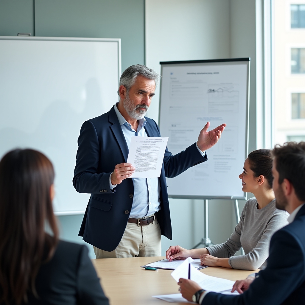 Trainer explaining insurance policy documents to workshop participants