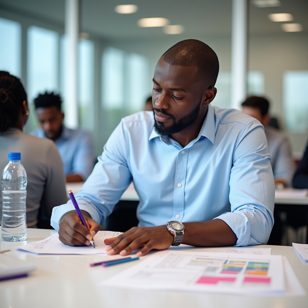 Participant using a spending analysis worksheet during a training session