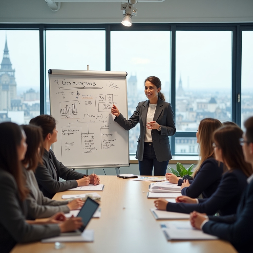 Trainer at whiteboard explaining budget concepts to engaged workshop participants