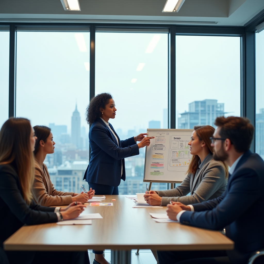 Small group workshop session with participants collaborating around a table